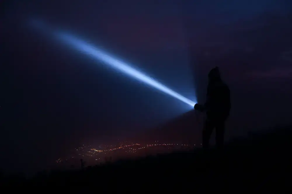 First-person view of holding a flashlight in a dark forest